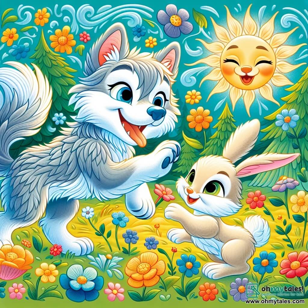 Une illustration sous forme de dessin destinée aux enfants représentant une clairière ensoleillée dans une forêt vibrante, où un loup au pelage argenté et aux yeux pétillants de gentillesse joue joyeusement avec un petit lapin aux oreilles longues et aux yeux brillants, tandis qu'ils s'amusent à sauter parmi des fleurs colorées qui dansent au rythme d'une douce brise, symbolisant l'amitié et la magie de la nature.