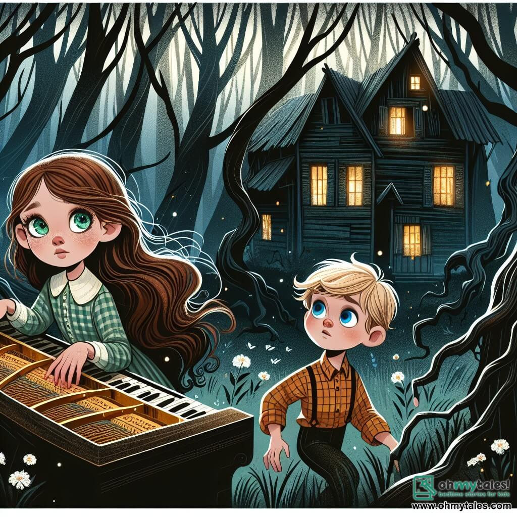 Une illustration sous forme de dessin destinée aux enfants représentant une forêt sombre et mystérieuse, avec des arbres tordus aux branches squelettiques, où une fille de 11 ans aux longs cheveux châtain et aux yeux verts pétillants explore courageusement une vieille maison délabrée, tandis qu'à ses côtés, un petit garçon aux cheveux blonds et aux yeux bleus, vêtu d'une chemise à carreaux, observe avec curiosité et une légère inquiétude, alors qu'ils découvrent ensemble un piano ancien dont les touches jaunies émettent une mélodie envoûtante, symbolisant leur quête pour percer les secrets des bois chuchotants.