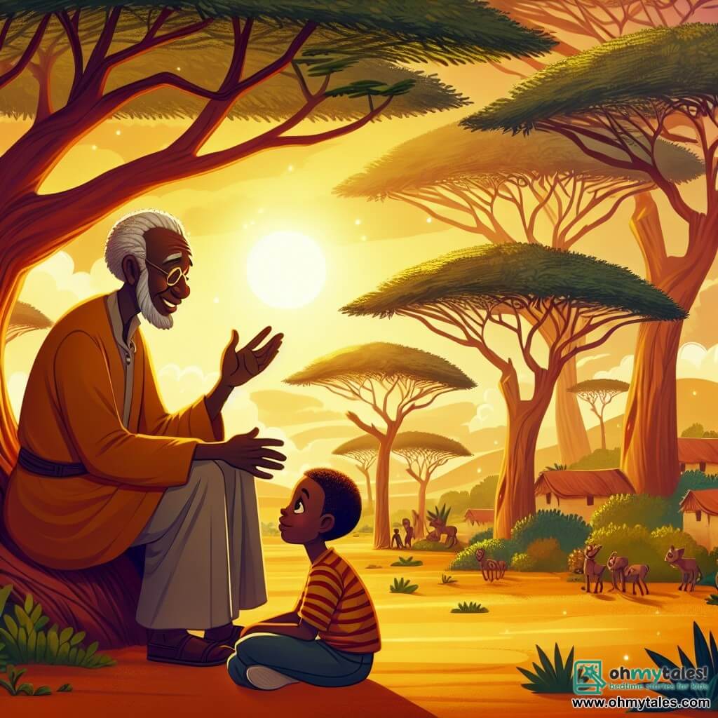Une illustration destinée aux enfants représentant un homme sage assis sous un arbre, racontant une histoire à un jeune garçon curieux, dans un village africain entouré de grands acacias et baigné par la lumière dorée du soleil couchant.