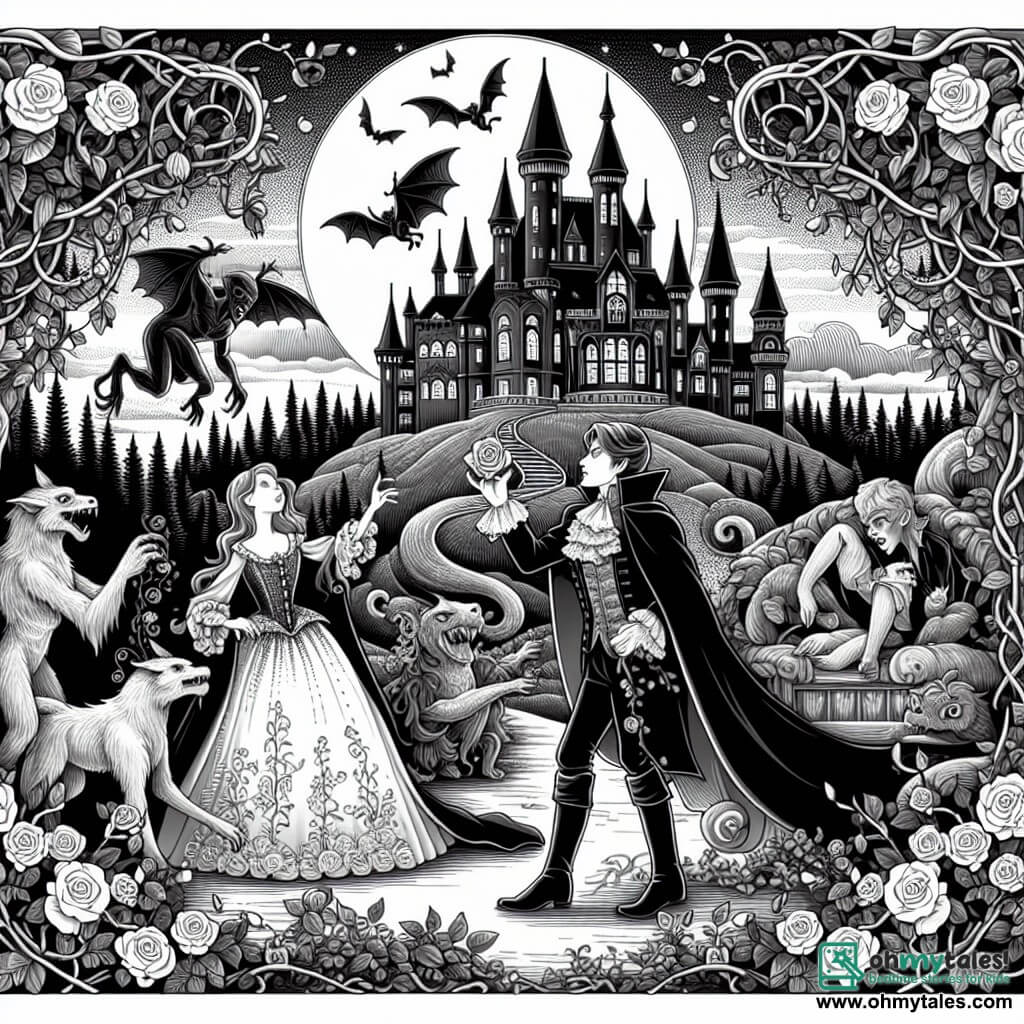 Une illustration destinée aux enfants représentant un vampire élégant et bienveillant, découvrant un monde enchanté rempli de créatures magiques, accompagné d'un fidèle serviteur, dans un château gothique perché au sommet d'une colline, entouré de roses noires et de vignes grimpantes.