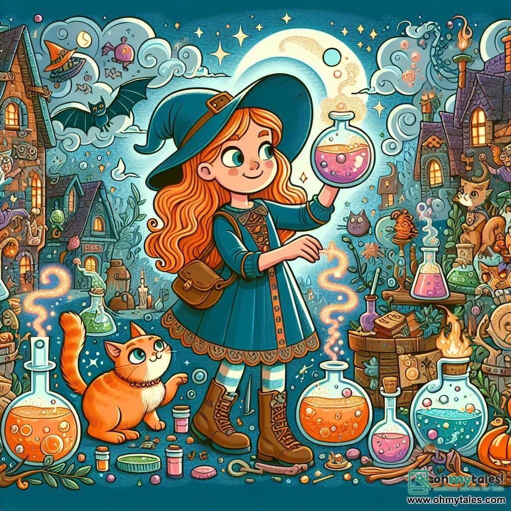 Une illustration destinée aux enfants représentant une apprentie sorcière aux boucles rousses, plongée dans une aventure magique et amusante, accompagnée de son espiègle chat, dans le pittoresque et chaotique monde enchanté de Wizzaria, rempli de potions bouillonnantes, de sortilèges farfelus et de créatures fantastiques.