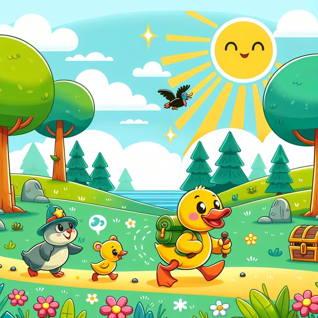Une illustration destinée aux enfants représentant un canard joyeux et espiègle, se lançant dans une quête pour trouver un trésor légendaire avec l'aide de ses amis animaux, dans une prairie ensoleillée parsemée de fleurs colorées et entourée de grands arbres majestueux.