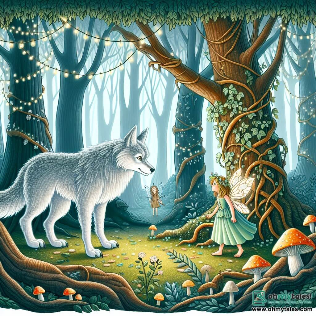 Une illustration destinée aux enfants représentant un loup-garou au pelage argenté croisant le chemin d'une jeune fée égarée, dans une forêt enchantée aux arbres centenaires ornés de lianes chatoyantes et de champignons lumineux.