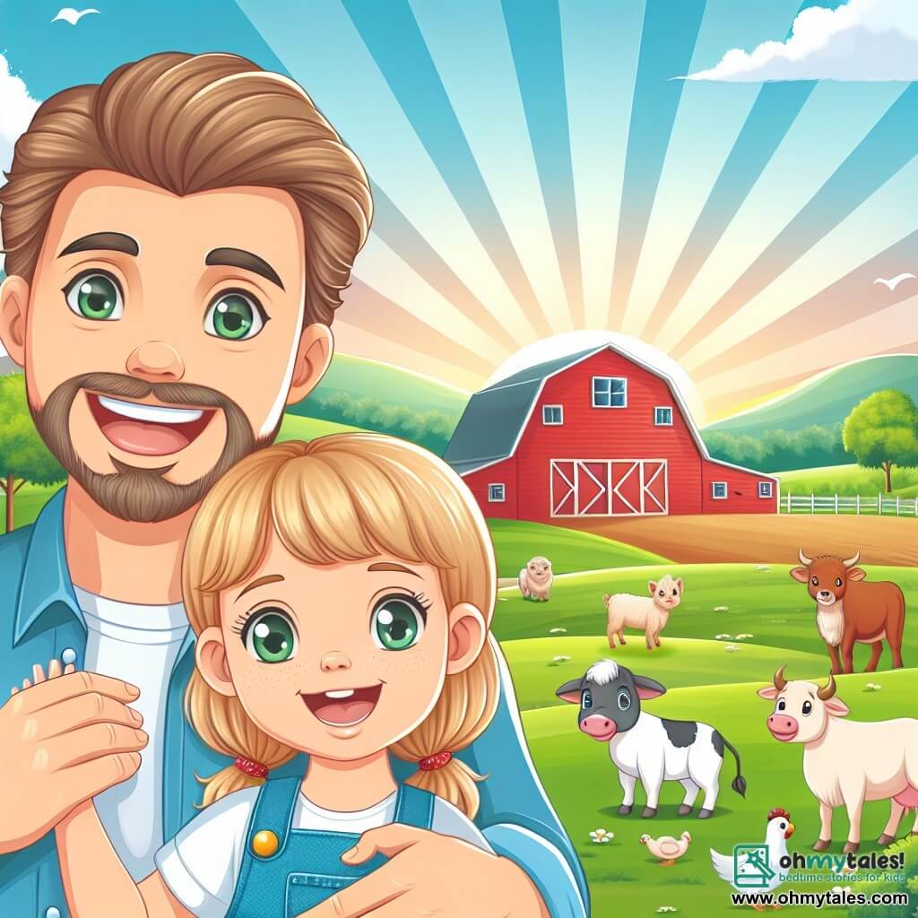 Une illustration destinée aux enfants représentant un homme souriant et bienveillant, une petite fille curieuse, un grand champ verdoyant avec un grand barn rouge au loin, et de nombreux animaux de la ferme, se déroulant dans une ferme pittoresque au lever du soleil.
