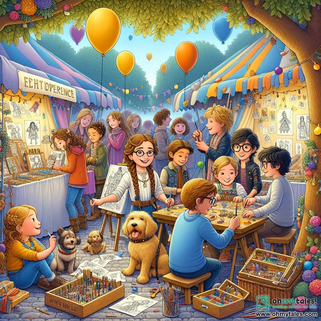 An illustration depicting a lively corner of an outdoor festival, featuring colorful stalls adorned with balloons and garlands. In the center stands a large tree with golden leaves, under which a group of children gathers around a table decorated with drawings and art supplies. Among them, a twelve-year-old girl with curly brown hair and a warm smile paints on a large wooden board, holding a brush in her right hand. Next to her, another twelve-year-old girl with braided blonde hair and glasses tells a captivating story, her guide dog lying at her feet. A bit further away, a twelve-year-old girl with chestnut hair plays the piano, her fingers gracefully dancing over the keys, while a twelve-year-old boy with black hair and sparkling eyes watches in admiration, holding a small electronic circuit he built. The scene exudes an atmosphere of joy and camaraderie, showcasing the diversity of talents and abilities among the children. Kids of all ages and backgrounds gather around, captivated by stories, music, and art, creating a moment of sharing and inspiration. Balloons float in the blue sky, and the sun shines, adding warmth and happiness to this beautiful day of celebration.