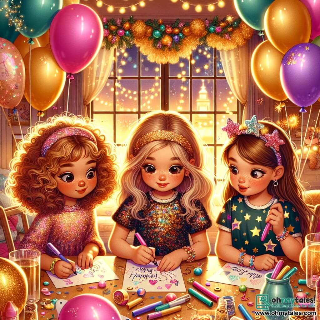 An illustration depicting a cozy living room decorated for New Year's. The walls are adorned with sparkling garlands and colorful balloons, while a soft golden light emanates from the fairy lights hanging from the ceiling. In the center of the room, three girls, around 10 years old, are gathered around a table filled with balloons and markers. The first girl, with curly brown hair, wears a pink dress with glitter that sparkles in the light. She is drawing on a balloon with a big smile, her eyes sparkling with excitement. The second girl, with smooth blonde hair, has a sparkling headband and wears a colorful patterned t-shirt. She laughs while holding a balloon, ready to write her resolution. The third girl, with brown hair tied in a ponytail, wears a star-patterned dress and appears focused, holding a marker in one hand and a balloon in the other. The scene captures the moment they are about to write fun resolutions on their balloons, surrounded by confetti and treats, creating a festive and joyful atmosphere. Plates of decorated cookies and sparkling drinks are visible on the table, adding a touch of indulgence to this celebration full of laughter and friendship.