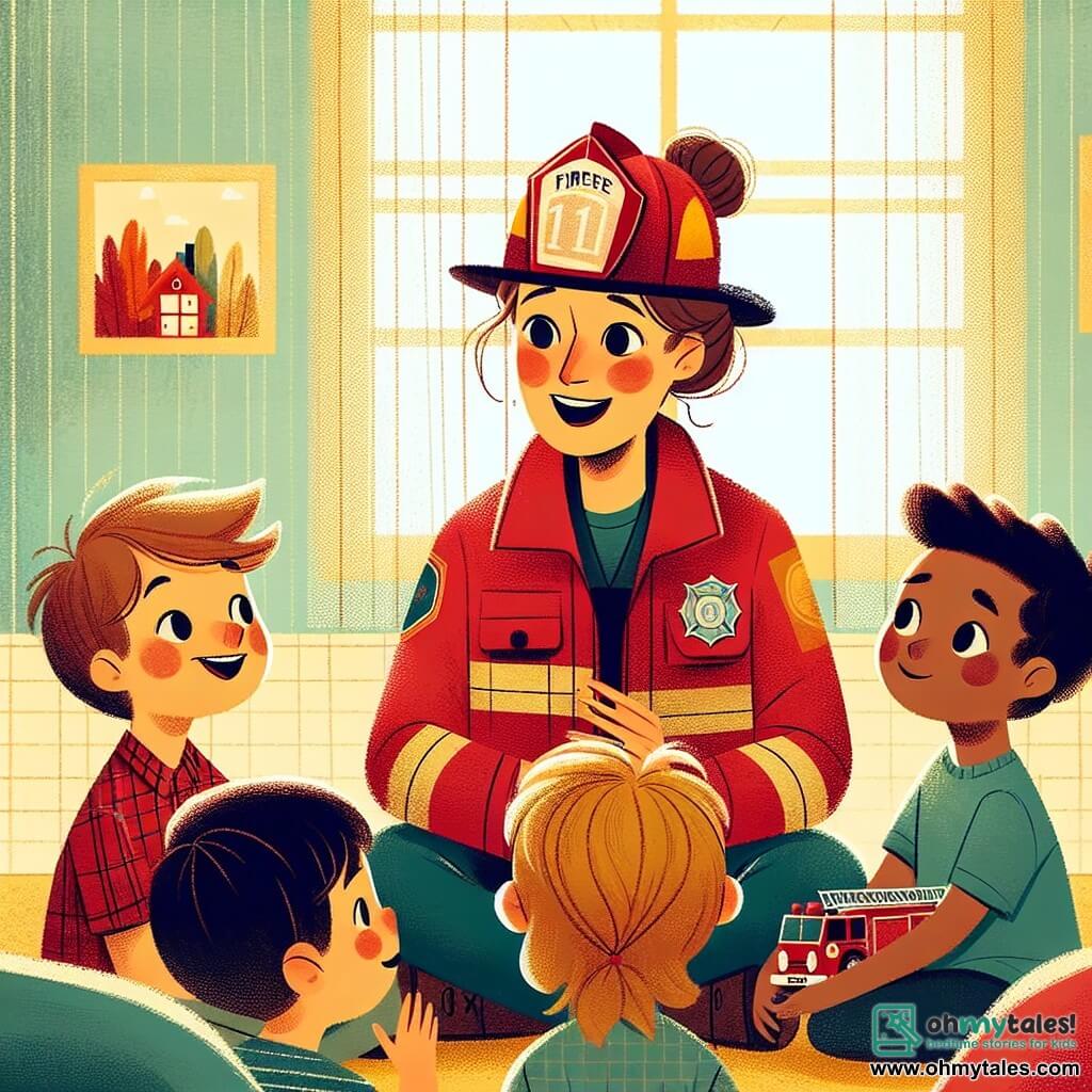 An illustration depicting a warm scene inside a cozy house, with pastel yellow walls and sunlight filtering through light curtains. In the center, a female firefighter with brown hair tied in a bun, wearing a red firefighter suit and a shiny helmet, is sitting on a sofa, smiling, and telling stories to the children. In front of her, three children are captivated by her words: an 8-year-old boy with messy blonde hair, wearing a blue t-shirt, listening attentively; a 7-year-old girl with brown hair and glasses, asking a question with a curious look; and a 5-year-old boy with round cheeks and a red t-shirt, holding a small fire truck in his hands. The main scene shows the female firefighter sharing fascinating anecdotes about her job, while the children, sitting in a circle around her, display amazed and enthusiastic expressions. In the background, there are books about firefighters and children's drawings hanging on the wall, adding a touch of life and creativity to the scene.