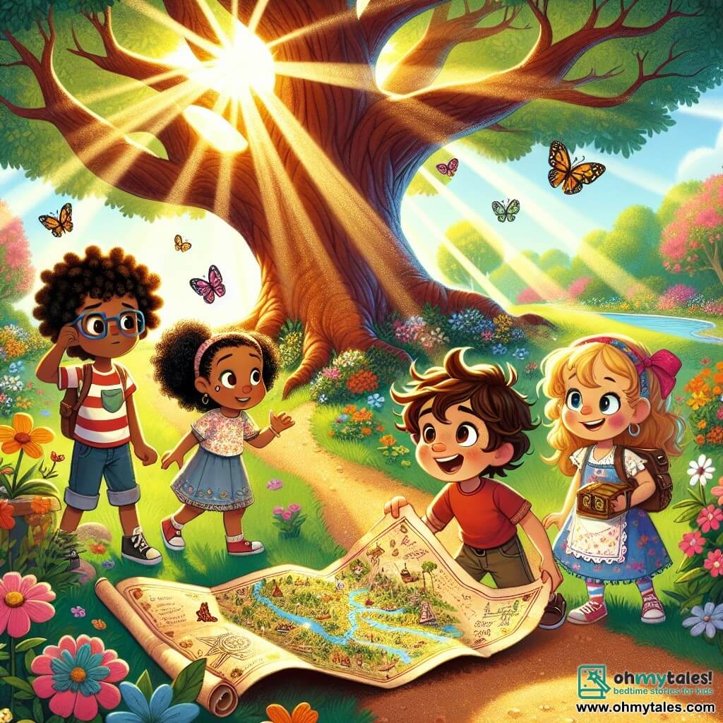 An illustration depicting a group of four young adventurers in a sunny park. In the center, a large oak tree with sprawling branches is surrounded by colorful flowers and a gravel path. Sunlight filters through the leaves, creating bright patterns on the ground. A seven-year-old boy with messy brown hair and a red t-shirt holds a treasure map in his hands, displaying a big smile full of enthusiasm. Next to him, a seven-year-old girl with golden curls and a flower dress looks at the map with sparkling curious eyes. Another boy, also seven, with glasses and blonde hair, scratches his head, looking thoughtful, while a seven-year-old girl with black hair in a ponytail excitedly points to a spot on the map. The scene captures the moment they discover a treasure chest buried in the sand, surrounded by small flowers. Colorful butterflies flutter around them, and ducks swim peacefully in a nearby pond. The atmosphere is joyful and full of magic, evoking the spirit of adventure and friendship.