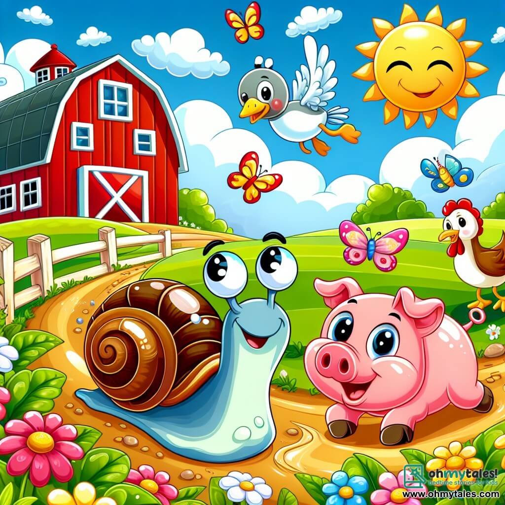 Illustration destinée aux enfants représentant une scène colorée sur une ferme ensoleillée, avec un grand barn rouge en arrière-plan, entouré de champs verdoyants et de fleurs éclatantes. Au premier plan, un escargot avec une coquille brillante et tourbillonnante, glissant lentement sur le sol, souriant avec malice. À côté de lui, une canne à l'air joyeux avec des plumes blanches et jaunes, en train de battre des ailes, et un petit cochon rose avec une queue en tire-bouchon, se roulant dans la boue, tous deux prêts pour une course amusante. La scène dégage une ambiance de camaraderie et de rires, avec des nuages moelleux dans le ciel bleu et des papillons colorés virevoltant autour.