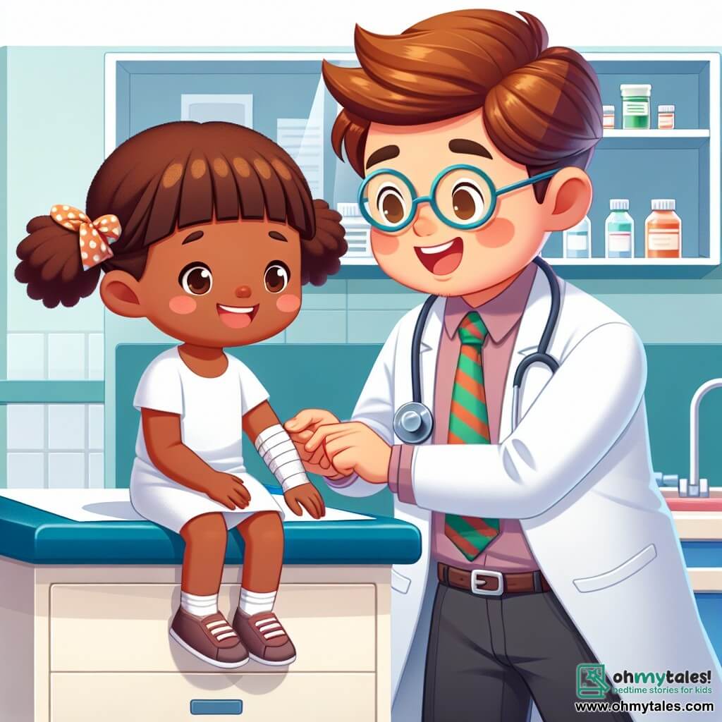 Une illustration sous forme de dessin destinée aux enfants représentant l'intérieur d'une clinique colorée et accueillante, où un homme souriant aux cheveux bruns et portant une blouse blanche examine avec attention une petite fille aux cheveux châtains, assise sur une table d'examen, tandis qu'une infirmière joyeuse aux cheveux blonds et aux lunettes colorées prépare un bandage, le tout dans une atmosphère chaleureuse et rassurante, illustrant un moment de soin et de réconfort.