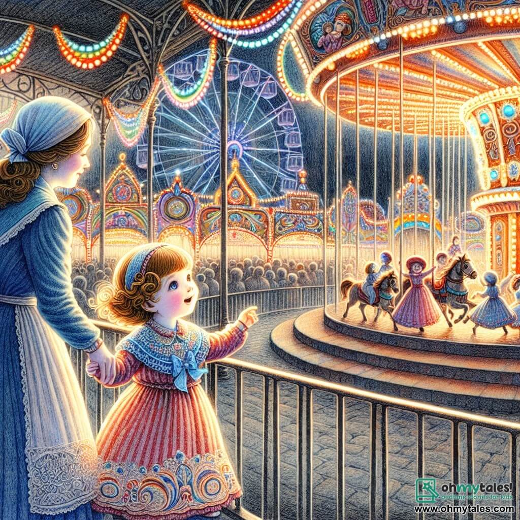 Une illustration destinée aux enfants représentant une petite fille émerveillée par le carnaval, accompagnée de sa mère, dans un parc d'attractions illuminé par des guirlandes colorées et des manèges tournoyants.