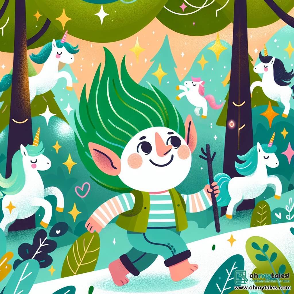 Une illustration destinée aux enfants représentant un adorable troll aux cheveux verts, explorant une forêt enchantée remplie de licornes dansantes et d'arbres scintillants.