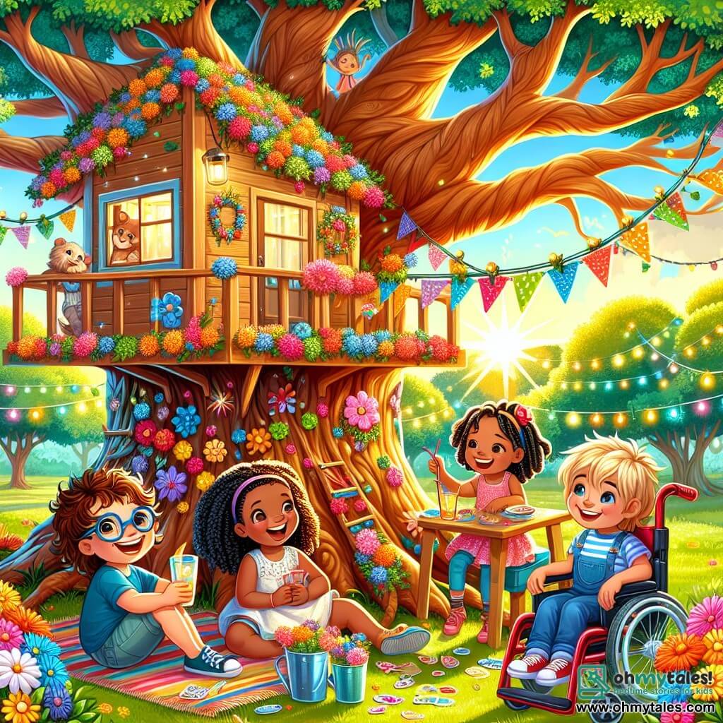 An illustration depicts a sunny afternoon in a vibrant park, featuring a majestic oak tree at the center, its branches extending like welcoming arms. At the base of the tree, a charming treehouse adorned with colorful flowers and fairy lights is filled with the laughter of children. Four young friends are inside the treehouse. A 10-year-old girl with curly brown hair and glasses smiles joyfully while holding a glass of lemonade. Next to her, a 9-year-old girl with sparkling blue eyes and braids is about to hang a flower garland. A 10-year-old girl in a red wheelchair laughs heartily, surrounded by colorful stickers. Finally, an 8-year-old boy with messy blonde hair gazes in wonder at the decorations while holding a small welcome flag. The scene captures the essence of friendship, with the children sharing moments of joy and creativity amidst the beauty of nature. Colorful butterflies flutter around them, and friends play below, adding a festive and warm atmosphere to the illustration.