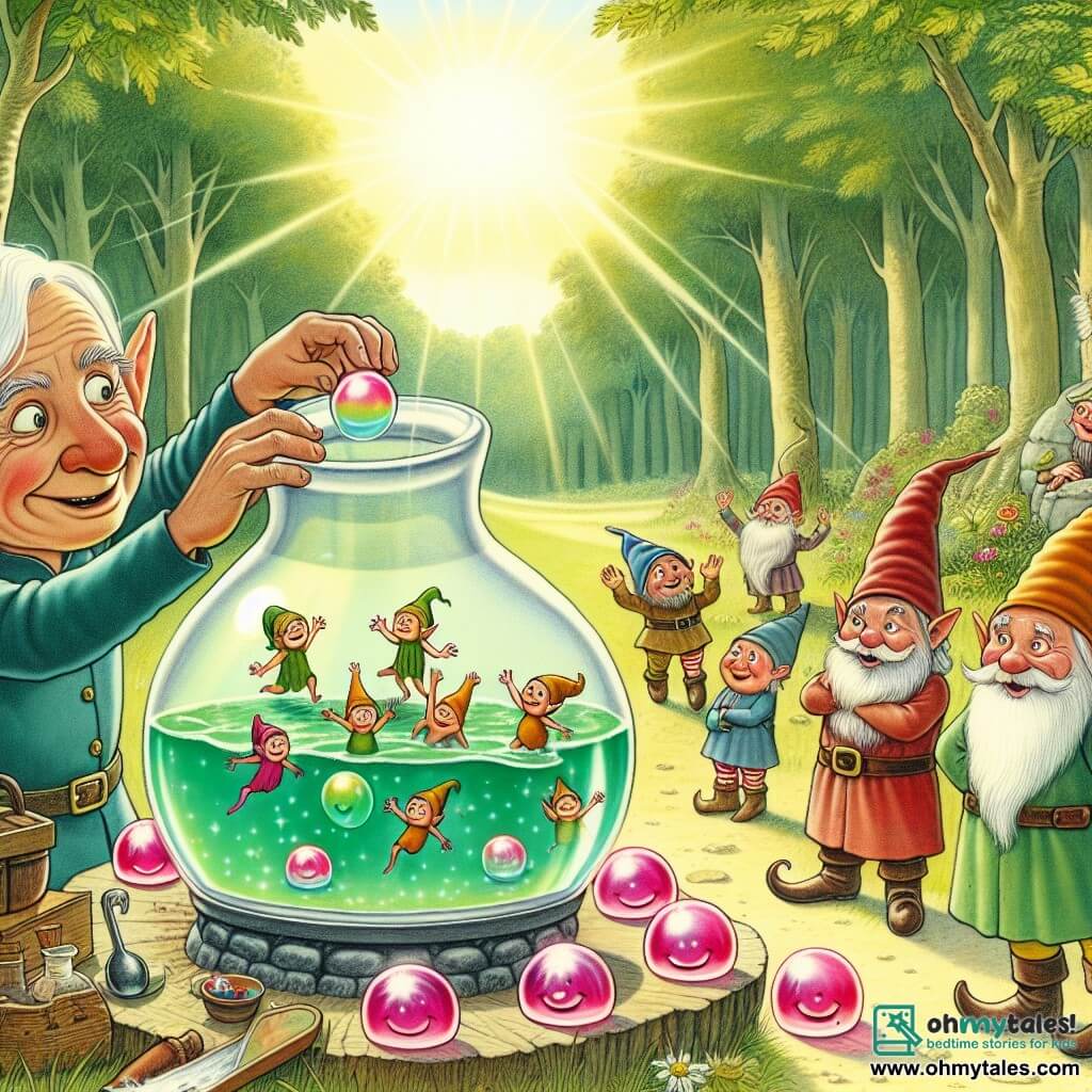 Une illustration destinée aux enfants représentant un lutin espiègle concoctant une potion magique qui transforme des fées en balles de gelée rebondissantes, sous le regard amusé de gnomes rieurs, dans la clairière ensoleillée de la paisible forêt de Blunderburg.