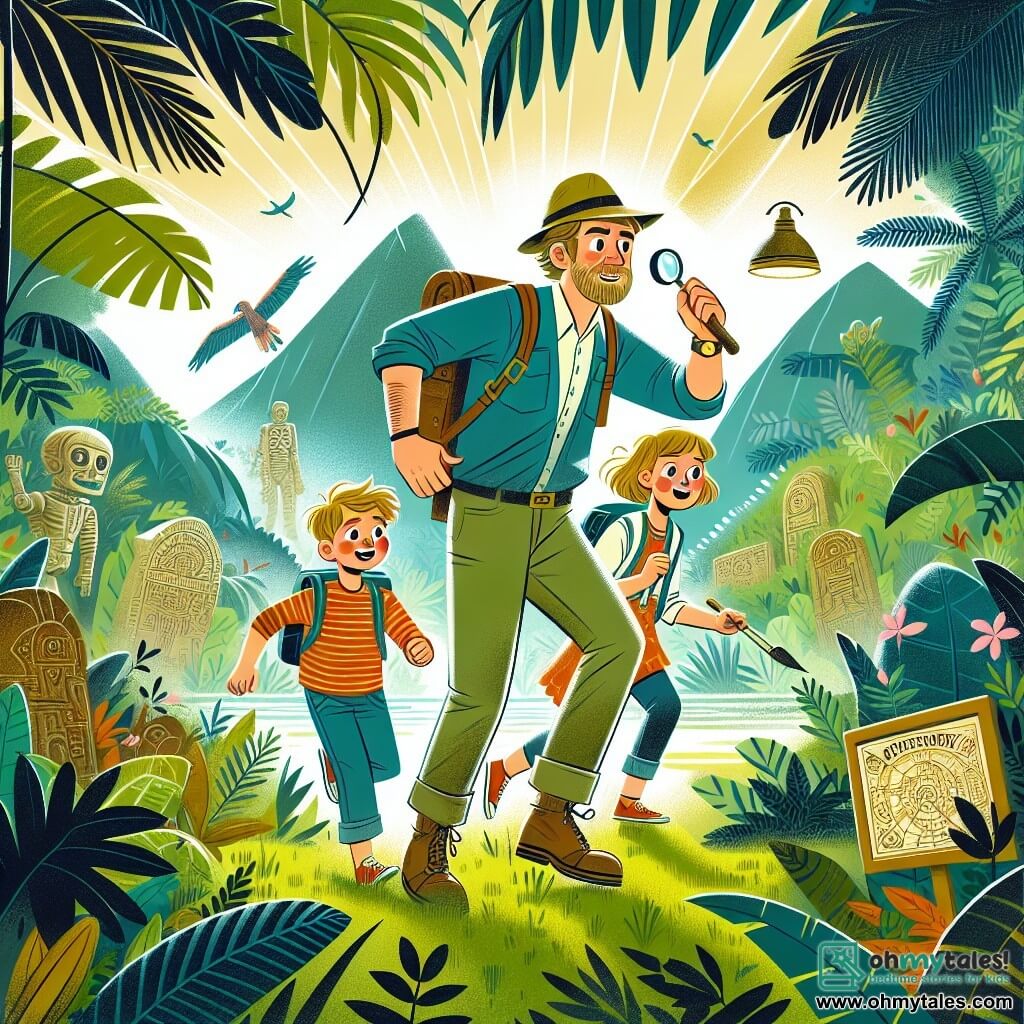 Une illustration destinée aux enfants représentant un homme passionné d'aventures archéologiques, accompagné de deux enfants, un garçon et une fille, explorant une jungle luxuriante remplie de mystères et de trésors cachés.
