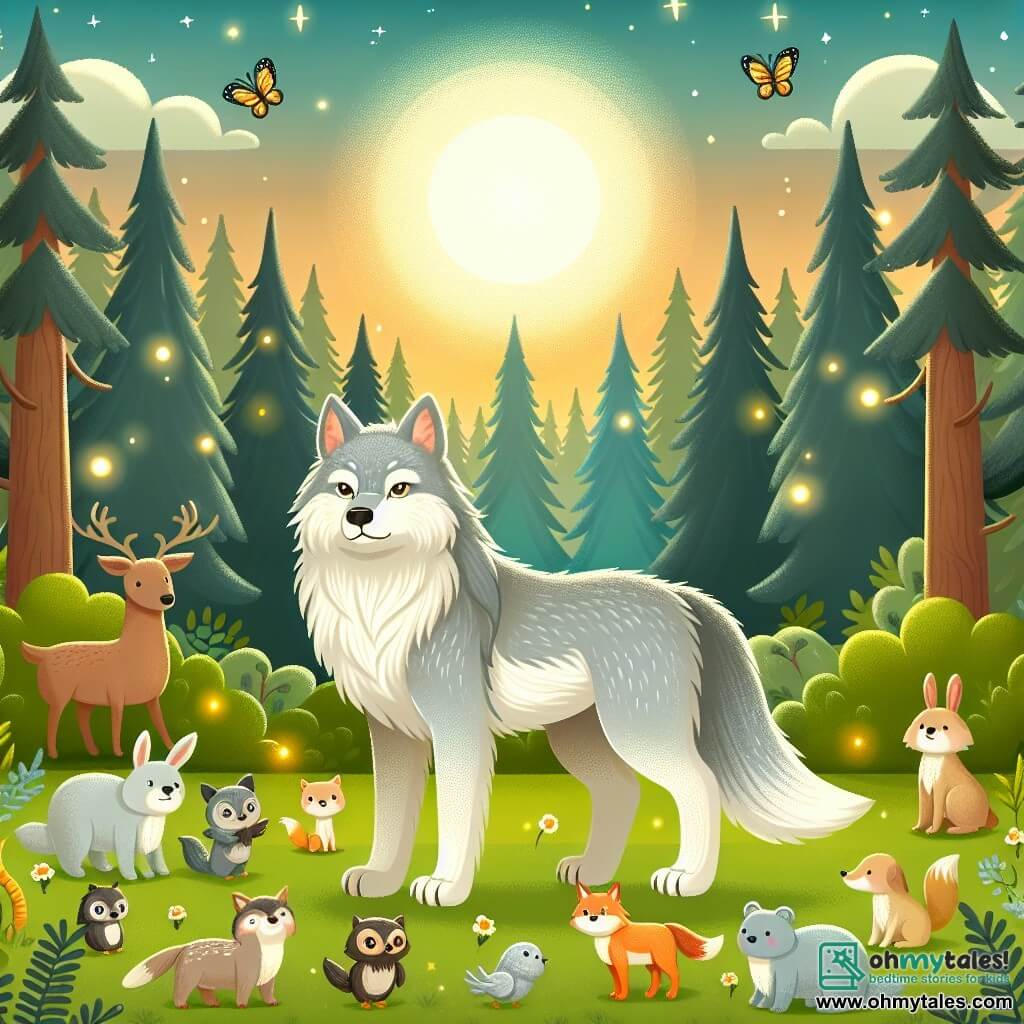 Une illustration destinée aux enfants représentant un majestueux loup, au pelage argenté, se tenant debout dans une clairière enchantée, entouré d'une multitude d'animaux de la forêt, tandis que le soleil se couche derrière les arbres majestueux et que des lucioles scintillent dans l'air magique.
