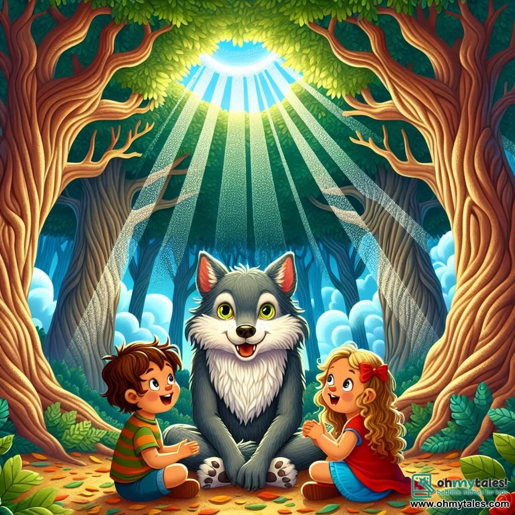 Illustration destinée aux enfants représentant une scène magique dans la forêt des Murmures, où de grands arbres aux troncs noueux s'élèvent vers un ciel bleu parsemé de nuages blancs duveteux. Au centre, un groupe de trois enfants de trois ans, deux garçons aux cheveux châtains et une petite fille aux boucles dorées, se tiennent la main, leurs visages illuminés par l'excitation et la curiosité. Ils regardent avec émerveillement un grand loup gris, aux yeux brillants et au sourire amical, assis sous un vieux chêne majestueux, prêt à leur raconter des histoires. L'atmosphère est joyeuse et enchanteresse, avec des rayons de soleil filtrant à travers les feuilles, créant des motifs de lumière dansants sur le sol recouvert de feuilles.
