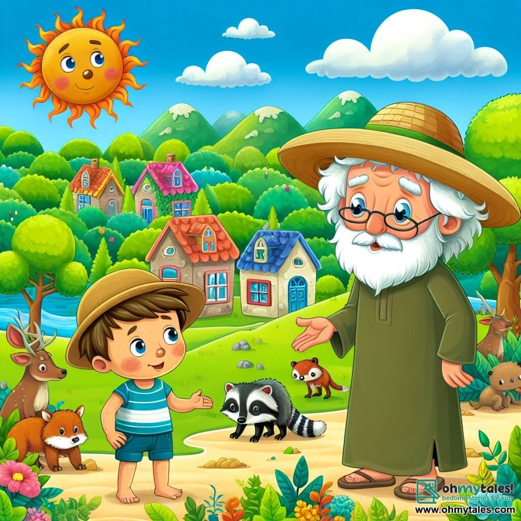 Une illustration destinée aux enfants représentant un jeune garçon curieux, se tenant debout avec un regard intrigué, tandis que les plantes flétrissent et les animaux se cachent sous un soleil ardent, accompagné d'un vieux sage portant un chapeau en paille, dans une petite ville verdoyante où les maisons aux toits colorés se fondent harmonieusement avec une nature luxuriante.