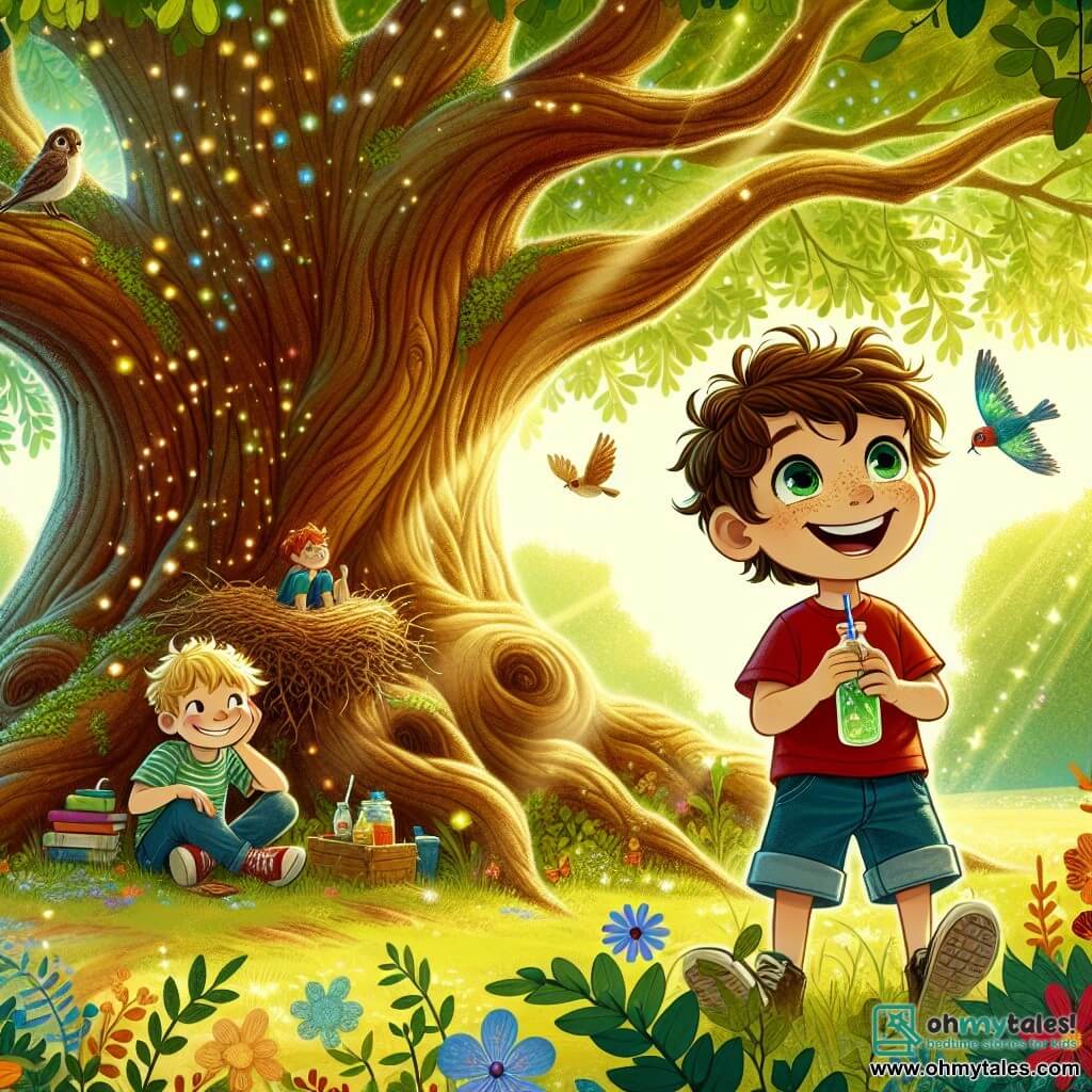 An illustration depicts a majestic oak tree with a wide, gnarled trunk and branches extending like welcoming arms, providing cool shade over a ground covered in green and golden leaves. Beneath this tree, a 7-year-old boy with tousled blonde hair and sparkling eyes sits on a low branch, smiling enthusiastically. He wears a red t-shirt and blue shorts, holding a lemonade bottle in one hand and a sandwich in the other, ready to share a joyful moment. Next to him, another 7-year-old boy with messy brown hair and freckles gazes in admiration at small birds in a nest, his eyes shining with wonder. The scene exudes an atmosphere of camaraderie and discovery, with sunlight filtering through the leaves, illuminating the children's faces and creating a magical ambiance. Colorful flowers and butterflies dance around them, adding a touch of life to this moment of friendship and adventure.