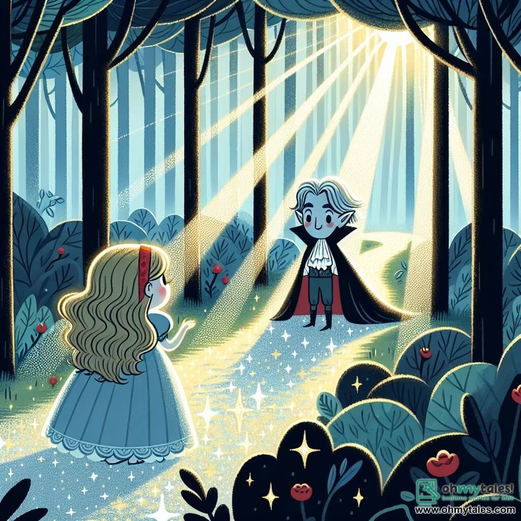 Une illustration destinée aux enfants représentant un mystérieux vampire, perdu dans une forêt enchantée, faisant la rencontre d'une jeune fille intrépide, tandis que des rayons de soleil filtrent à travers la canopée des arbres et illuminent un sentier scintillant.