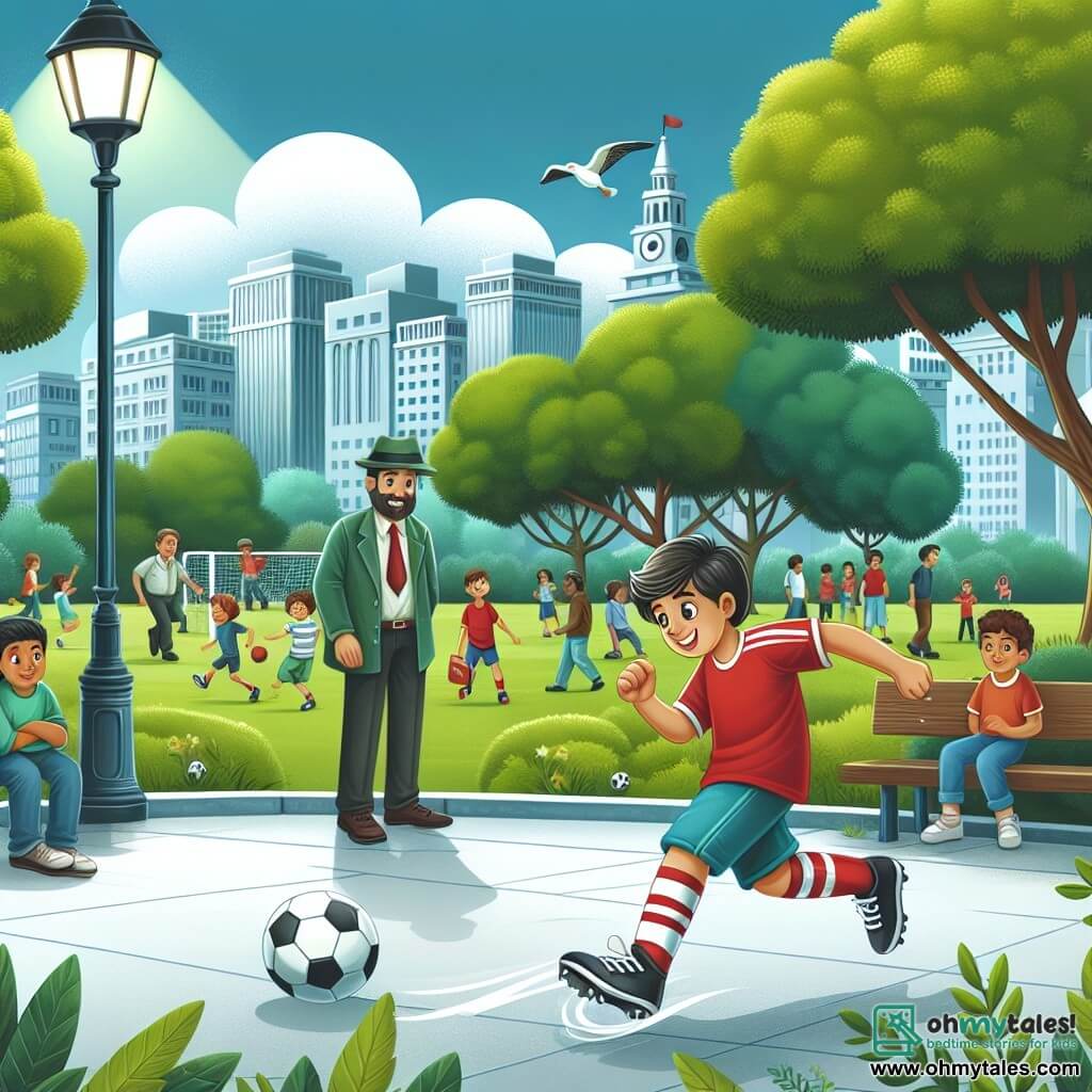 Une illustration destinée aux enfants représentant un jeune homme passionné de football, impressionnant un recruteur avec ses dribbles dans un parc animé de la ville de Brightville.