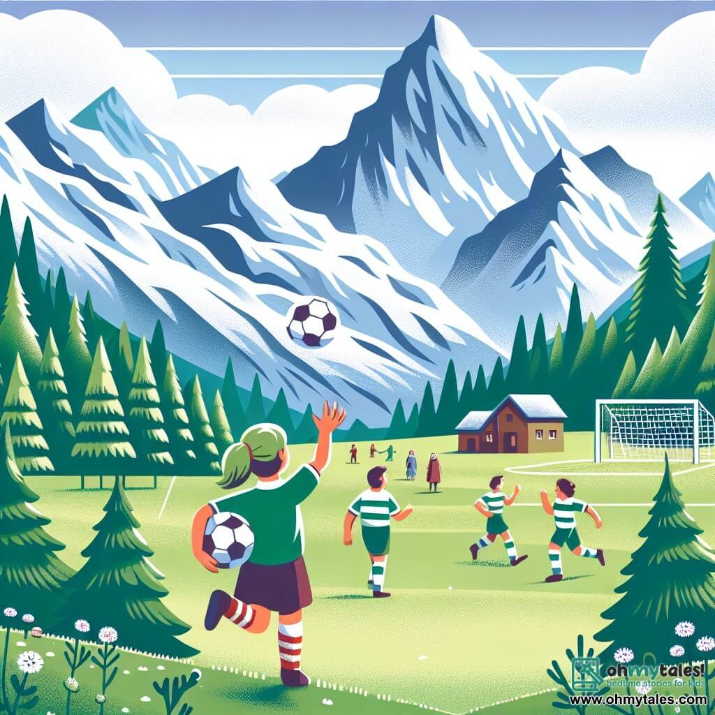 Une illustration destinée aux enfants représentant une fillette courageuse brisant les stéréotypes en jouant au football avec des garçons, dans un petit village verdoyant entouré de majestueuses montagnes enneigées.