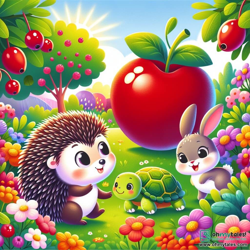 Une illustration sous forme de dessin destinée aux enfants représentant un jardin ensoleillé rempli de fleurs colorées, où un petit hérisson aux piquants brillants et aux yeux curieux se tient debout, en train de pointer avec enthousiasme vers une grande baie rouge juteuse, tandis qu'à ses côtés, une adorable lapine aux grandes oreilles et à la fourrure douce saute de joie, et un tortue au carapace verte et aux yeux sages observe lentement, tous réunis pour découvrir ensemble le plus gros fruit de leur aventure.