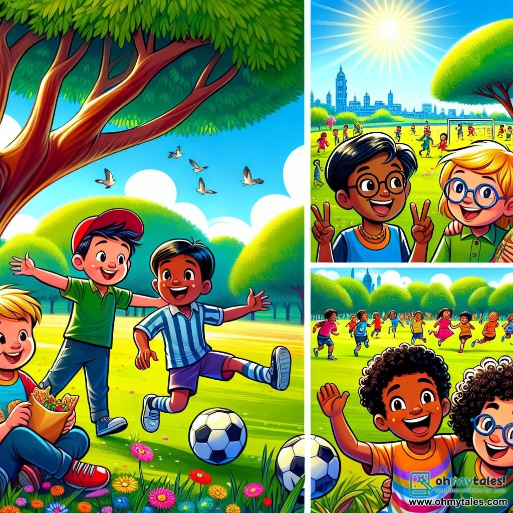 An illustration depicts a large green park under a bright blue sky, with majestic trees and colorful flowers swaying in the wind. In the center, a group of four boys stands together, all smiling and cheerful. The first boy, around 10 years old, has light skin and wears a red cap, holding a soccer ball. The second boy, about 9 years old, has dark skin and curly hair, laughing heartily while showing a sandwich. The third boy, approximately 11 years old, has light skin and blonde hair and wears glasses, looking at the others with a friendly smile. The last boy, around 10 years old, has brown skin and curly hair, enthusiastically sharing samosas. The scene shows the boys playing together, sharing snacks and laughing, illustrating the spirit of tolerance and friendship. In the background, other children of various ethnic backgrounds play soccer, symbolizing inclusion and diversity. Sun rays illuminate the scene, adding a warm and welcoming atmosphere.