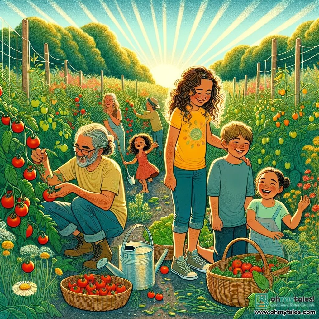 A vibrant and colorful community garden illustration features rows of lush green vegetables, bright red tomatoes, and wildflowers dancing in the breeze. At the center, an 11-year-old girl with curly brown hair, wearing a yellow t-shirt and denim shorts, carefully waters the tomato plants, her radiant smile lighting up her face. Next to her, a man in his fifties with a gray beard and warm eyes kneels to show a group of children how to harvest vegetables. The children, aged 7 to 10, are joyful and curious, with smiling faces and dirt-covered hands, eager to learn. The atmosphere is filled with laughter and camaraderie, with wicker baskets overflowing with fresh vegetables, symbolizing unity and hope. Sunlight filters through the trees, creating a warm and welcoming ambiance.