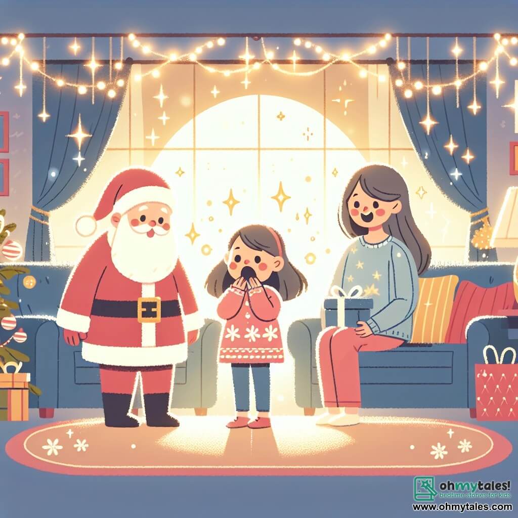 Une illustration destinée aux enfants représentant une fillette émerveillée par la visite surprise du Père Noël, accompagnée de sa maman, dans un salon chaleureux illuminé par des guirlandes scintillantes.