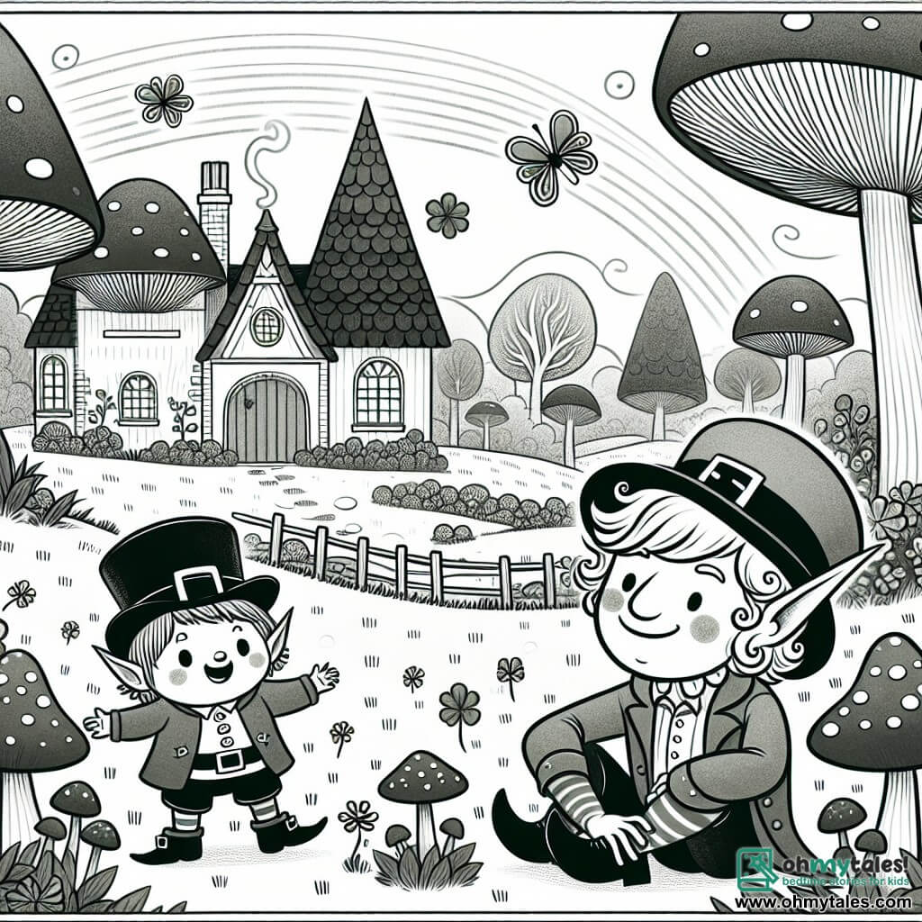 Une illustration destinée aux enfants représentant un lutin malicieux, un elfe garçon curieux, dans la paisible contrée de Lutinbourg, où les champignons dansent et les rires résonnent.