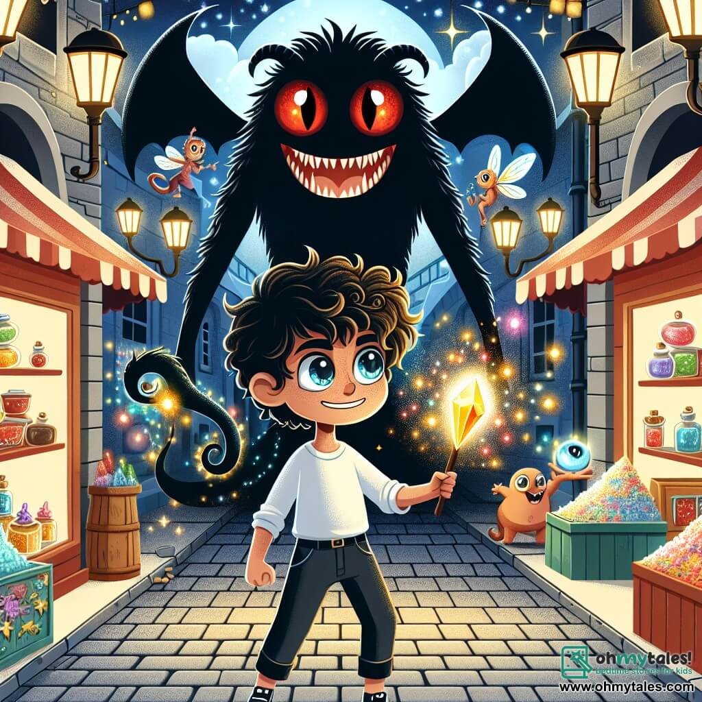 Une illustration sous forme de dessin destinée aux enfants représentant une scène magique dans une ruelle animée de la ville d'Eldermoor, où un garçon de 7 ans aux cheveux bouclés et aux yeux pétillants, tenant un cristal lumineux, se tient courageusement face à une créature sombre aux yeux rouges menaçants, tandis qu'une petite créature féerique aux ailes scintillantes vole autour de lui, illuminant l'atmosphère avec des étincelles colorées, et des étals de bonbons magiques et de potions flottent en arrière-plan, créant une ambiance de fantasy urbaine pleine de mystère et d'aventure.