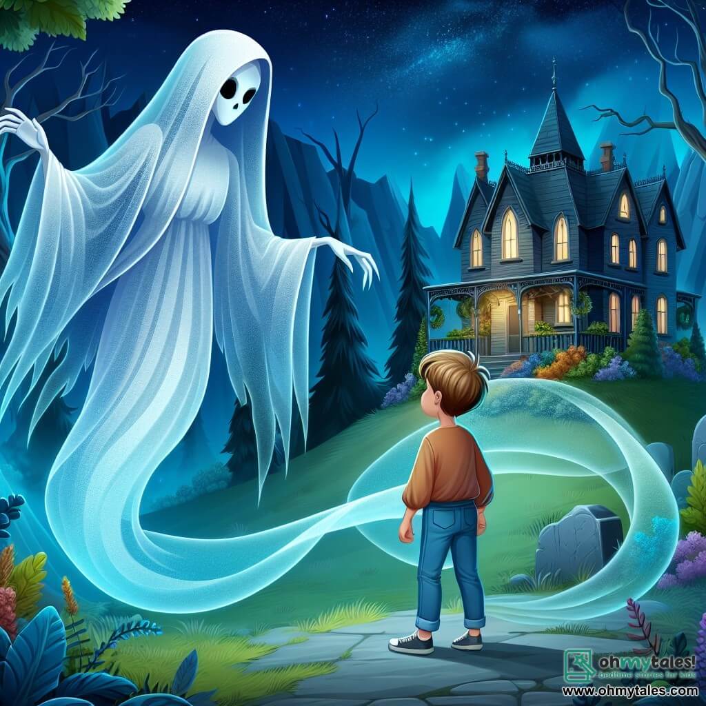 Une illustration destinée aux enfants représentant une élégante silhouette fantomatique, flottant dans une majestueuse forêt enchantée, accompagnée d'un jeune garçon curieux, dans une sombre et délabrée demeure hantée nommée Crystalbrook.