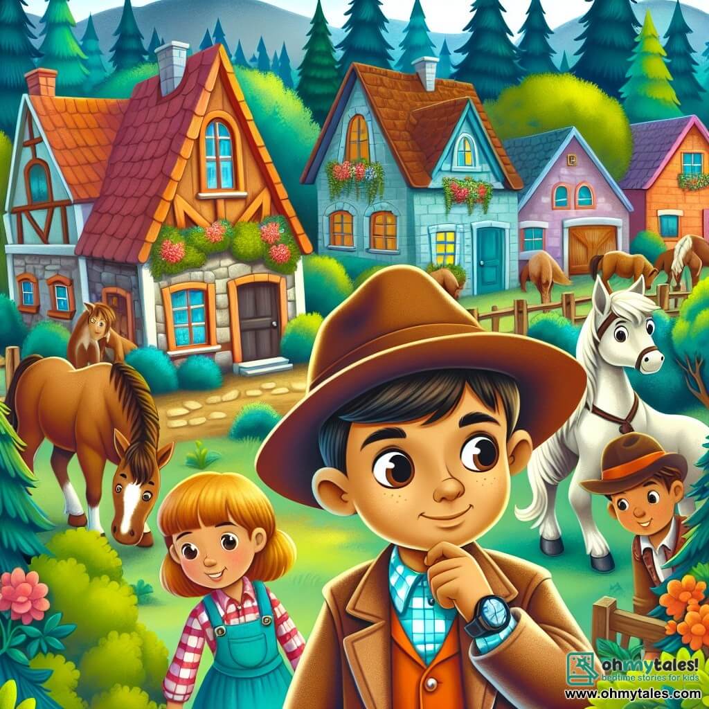 Une illustration destinée aux enfants représentant un jeune garçon curieux et courageux, résolvant un mystère avec l'aide de ses amis, dans le paisible village de Willow Creek, entouré de maisons colorées et d'arbres majestueux.