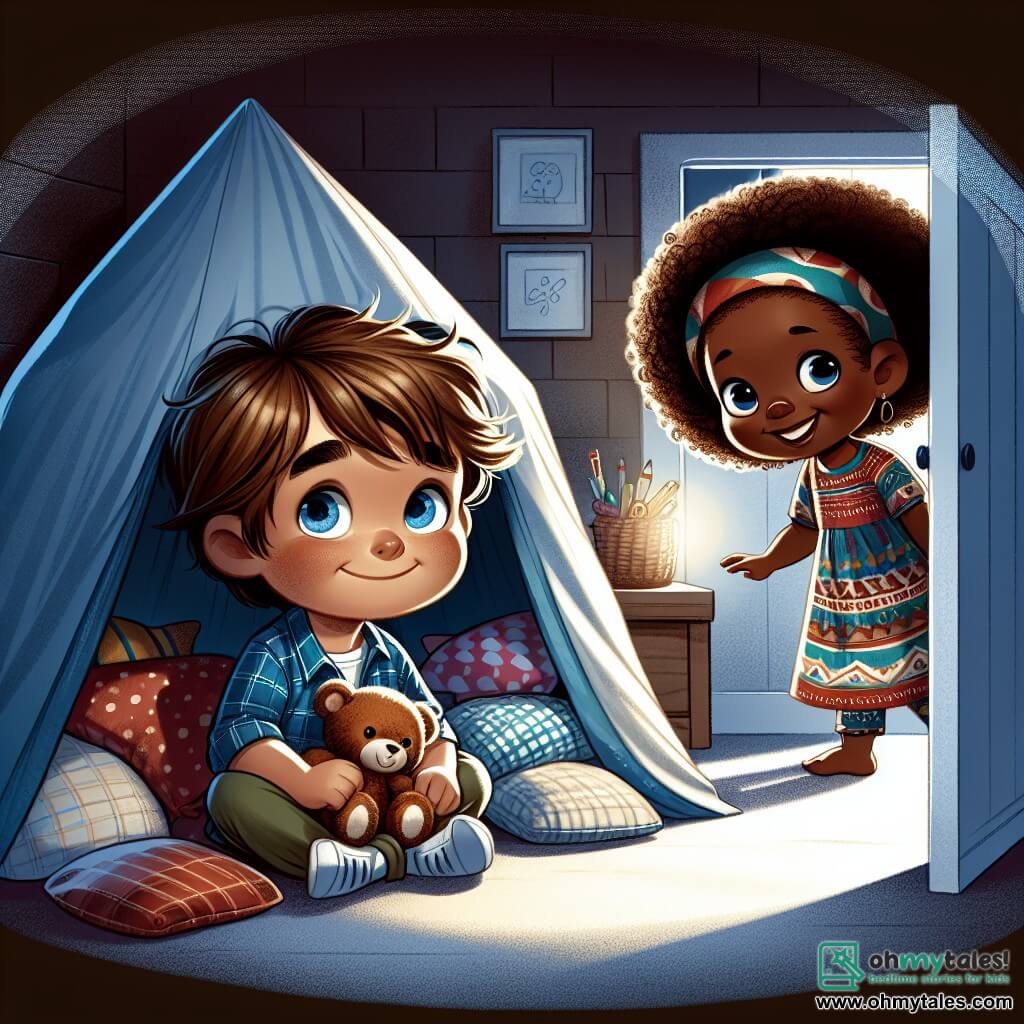 Une illustration sous forme de dessin destinée aux enfants représentant une chambre d'enfant plongée dans l'obscurité, avec un garçon de 7 ans aux cheveux bruns en bataille et aux yeux bleus, assis dans un fort fait de coussins et de couvertures, tenant un ours en peluche, tandis qu'une fille aux cheveux bouclés et souriants, vêtue d'une robe colorée, entre dans la pièce avec un air curieux et amical, illustrant le moment où ils partagent une aventure imaginaire pour surmonter leur peur du noir, avec des ombres douces dans les coins de la pièce et un léger halo de lumière provenant d'une veilleuse.