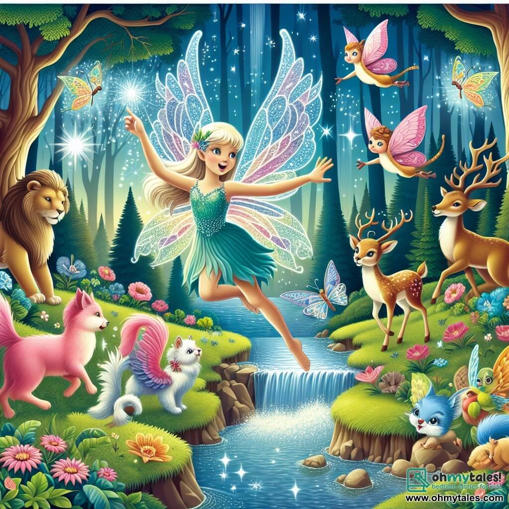 Une illustration destinée aux enfants représentant une fée aux ailes chatoyantes, faisant face à un défi magique avec l'aide d'une joyeuse troupe d'animaux enchantés, dans une forêt enchantée aux arbres majestueux, aux fleurs éclatantes et aux ruisseaux scintillants.