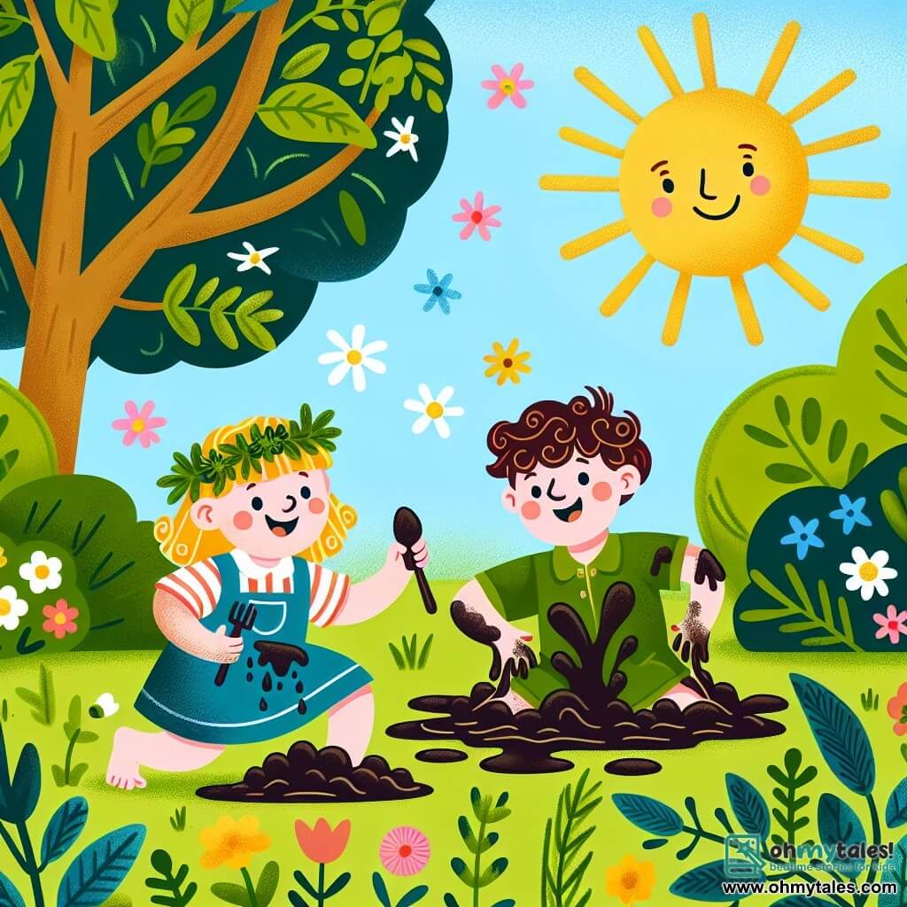 Une illustration destinée aux enfants représentant un garçon espiègle et son amie, une fille courageuse, se retrouvant couverts de boue dans un jardin ensoleillé, entourés de buissons verdoyants et d'une pelouse parsemée de fleurs colorées.