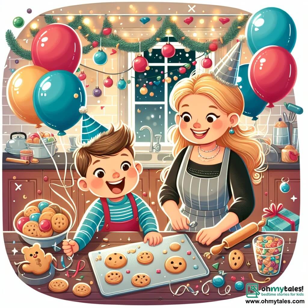Une illustration destinée aux enfants représentant un petit garçon excité pour la fête du Nouvel An, entouré de ballons colorés et de guirlandes scintillantes, avec sa maman souriante préparant des cookies, le tout dans une maison chaleureuse et festive.
