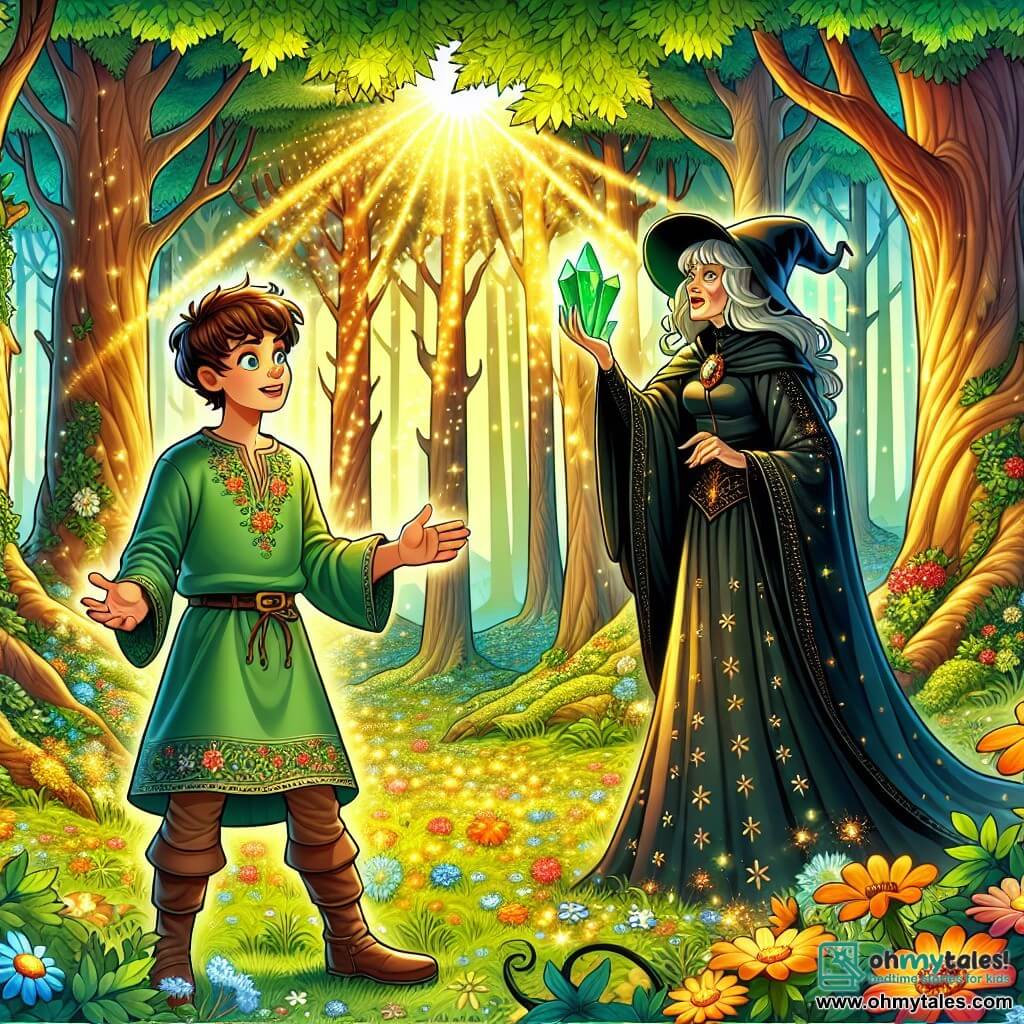 An illustration depicts a magical scene in an enchanted glade at the heart of a lush forest. Majestic trees with thick trunks rise towards the sky, their leaves shimmering in the sunlight, casting golden patterns on the flower-covered ground. In the center of the glade stands a brave young man, about 18 years old, with slightly wavy brown hair and sparkling eyes, wearing a green linen tunic adorned with floral patterns. He holds a beautiful shining crystal, a symbol of the forest's magic, as he bravely faces an evil witch. The witch, a woman in her thirties with long black hair and an angular face, stands opposite him in a dark gown that seems to absorb light. Her piercing gaze and raised hand indicate she is about to cast a spell, surrounded by an aura of darkness. In the corner of the illustration, a small creature that is part rabbit, part fox, with reddish fur and bright eyes, watches the scene with concern, ready to aid the young man. The atmosphere is charged with tension and magic, with bursts of light emanating from the crystal, contrasting with the witch's menacing shadow, creating a balance between good and evil.