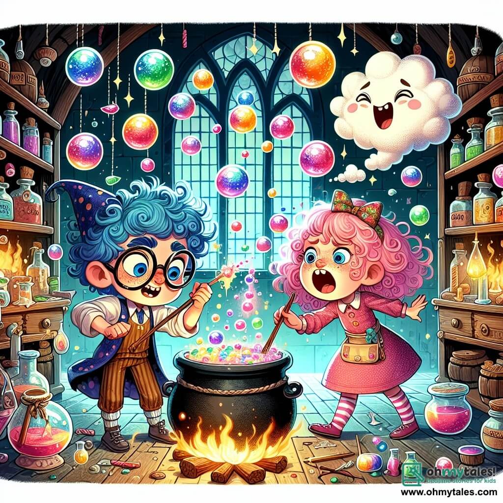 Une illustration sous forme de dessin destinée aux enfants représentant une scène colorée et enchantée dans la Potion Parlor, une salle remplie de cauldrons bouillonnants et d'étagères débordant d'ingrédients magiques, où un jeune apprenti sorcier aux cheveux bouclés et bleus, portant de grandes lunettes rondes, s'active autour d'un chaudron en essayant de contrôler son bâton en réglisse qui vacille, tandis qu'une fille aux cheveux roses, accompagnée de son nuage flottant qui laisse échapper des gouttes d'eau, éclate de rire en observant des bulles multicolores s'élever dans les airs, symbolisant le chaos joyeux de leur potion qui a mal tourné.
