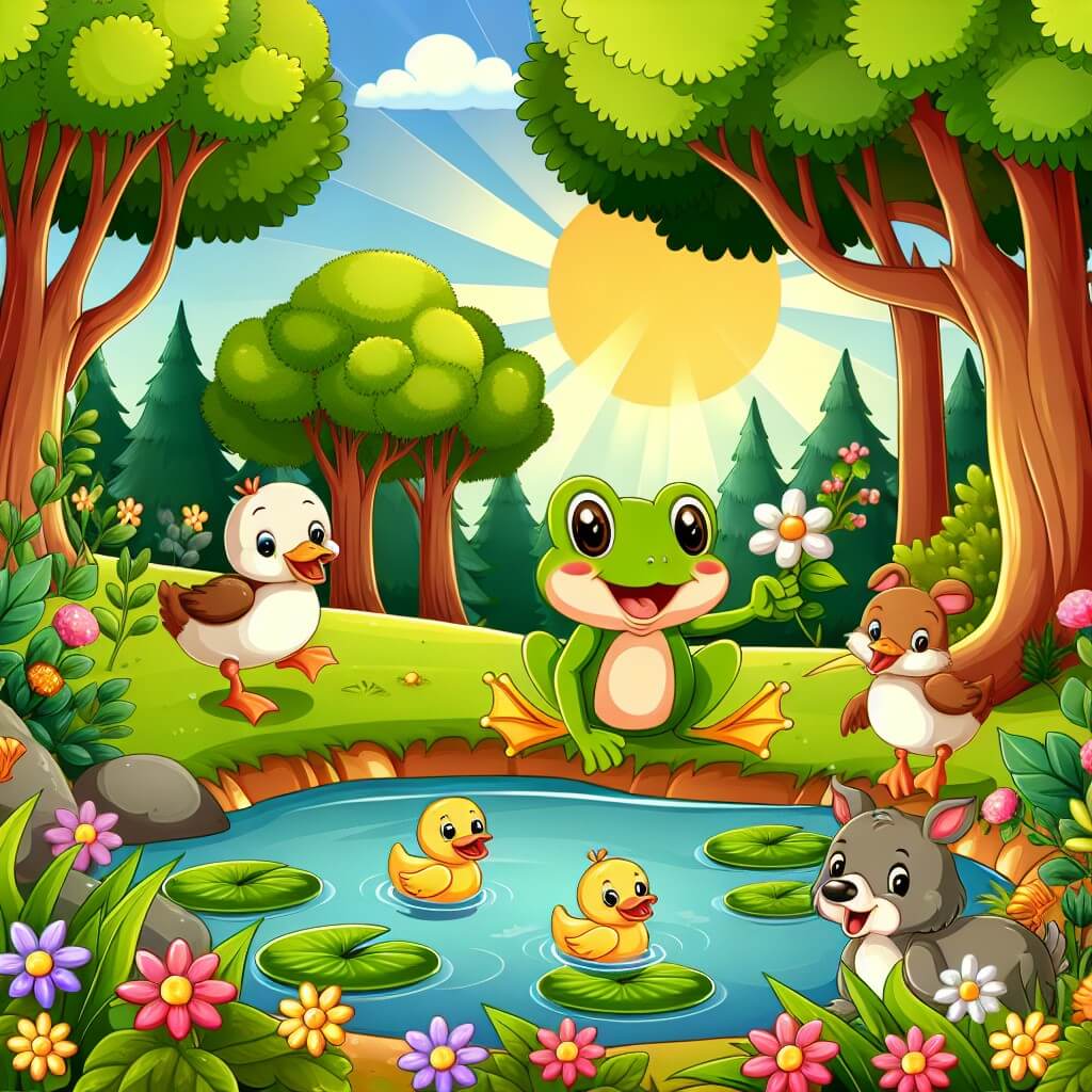Une illustration destinée aux enfants représentant une grenouille espiègle, accompagnée d'un canard et de sa famille, découvrant un magnifique étang doré au cœur d'une forêt luxuriante, remplie de fleurs colorées et d'arbres majestueux.