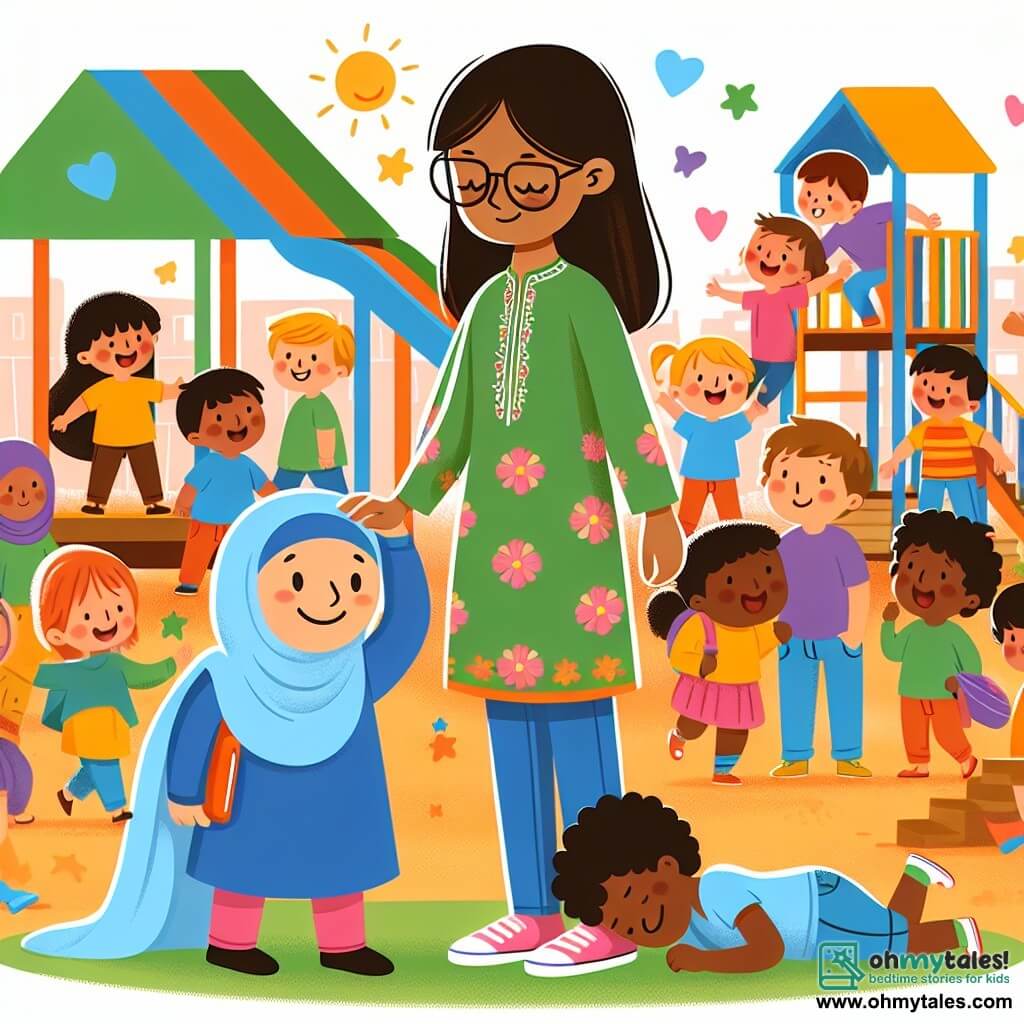 Une illustration destinée aux enfants représentant une fille courageuse affrontant des intimidateurs à l'école, accompagnée d'une amie bienveillante, dans une cour de récréation colorée et animée par des enfants joyeux.