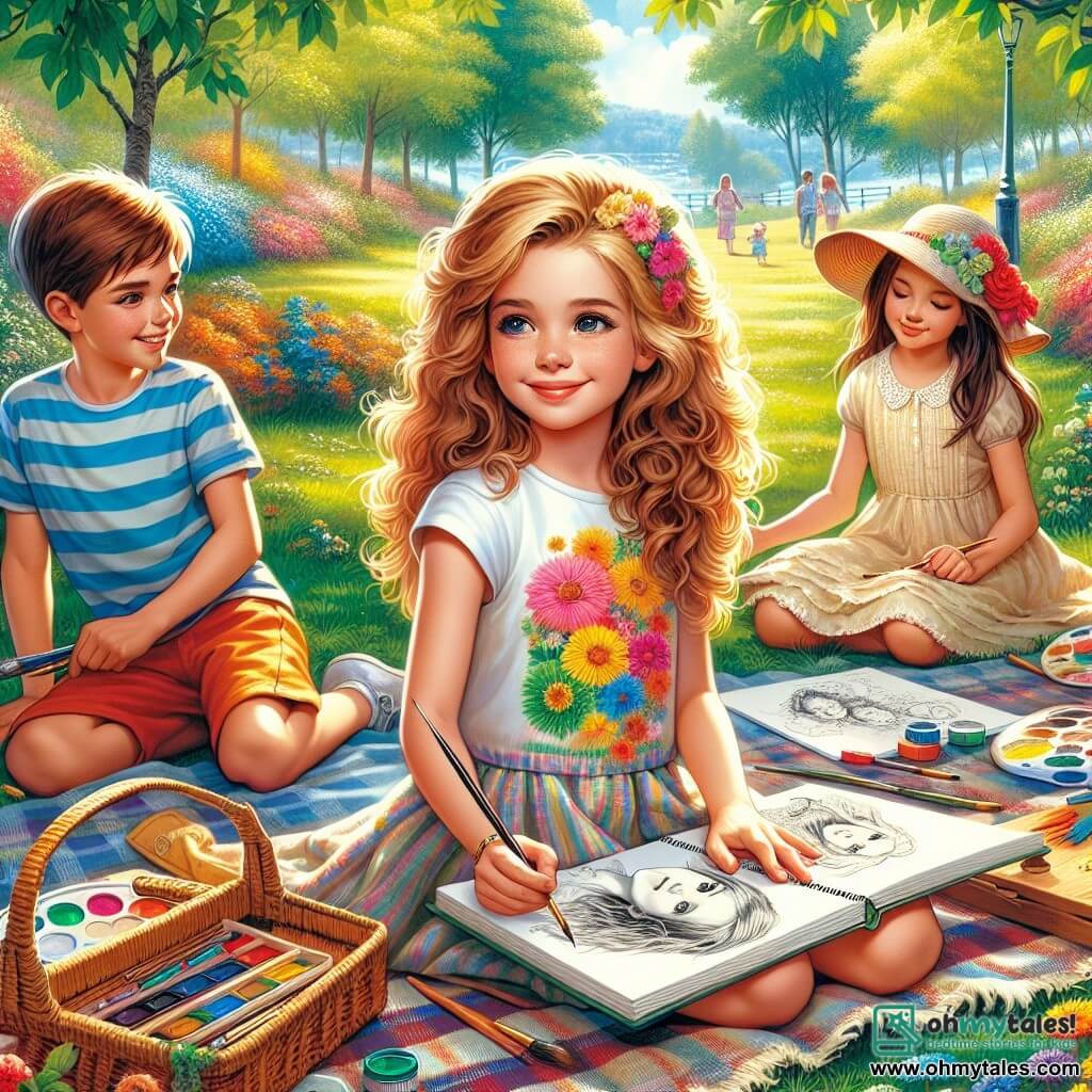 Une illustration sous forme de dessin destinée aux enfants représentant un parc ensoleillé avec des arbres verdoyants et des fleurs colorées, où une fille de 11 ans aux cheveux bruns et bouclés, portant un t-shirt coloré et un short, est assise sur une couverture de pique-nique, en train de dessiner dans son carnet avec un grand sourire, tandis qu'à côté d'elle, un garçon aux cheveux blonds et courts, vêtu d'un t-shirt rayé, tient une palette de peinture et une brosse, et une fille aux cheveux longs et lisses, habillée d'une robe légère, admire les dessins en s'asseyant sur l'herbe, illustrant ainsi un moment joyeux de créativité et de partage loin des écrans.