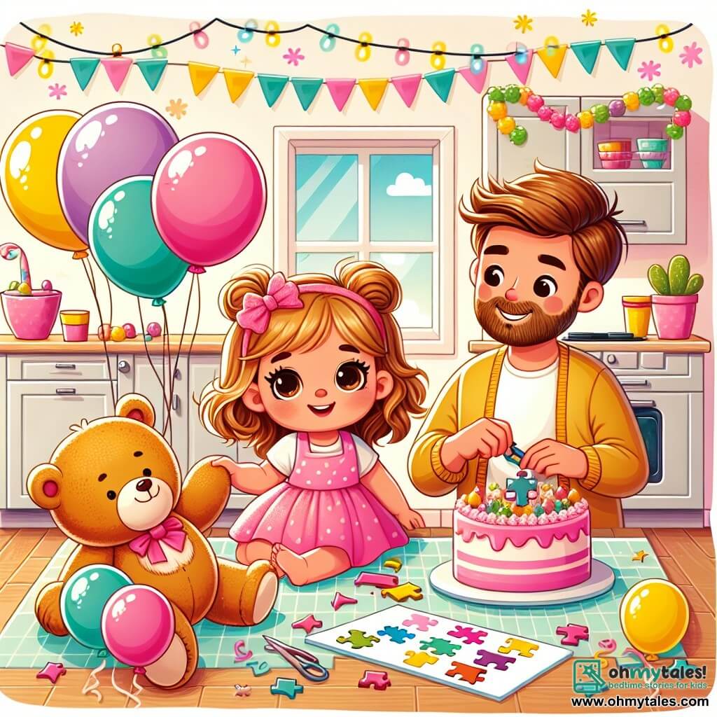 Une illustration sous forme de dessin destinée aux enfants représentant une joyeuse cuisine ensoleillée décorée de ballons colorés et de guirlandes, où une petite fille de 2 ans aux cheveux bouclés et aux yeux pétillants, habillée d'une robe rose, sourit en tenant un gros ours en peluche, tandis que son papa, un homme souriant avec une barbe douce, l'aide à assembler un puzzle coloré sur la table, le tout entouré d'un délicieux gâteau d'anniversaire à la crème rose et de confettis scintillants.
