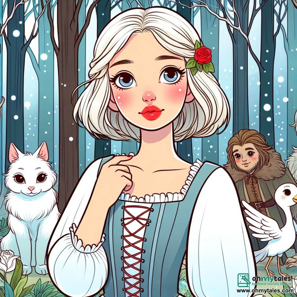 Une illustration destinée aux enfants représentant une jeune fille au teint pâle comme la neige, aux lèvres aussi rouges que le sang, se trouvant au cœur d'une forêt enchantée, entourée de créatures magiques, dans une quête pour préserver la beauté de la nature.