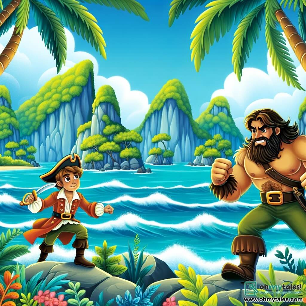 Une illustration destinée aux enfants représentant un valeureux pirate au cœur vaillant, affrontant un redoutable ennemi, accompagné de sa fidèle amie, sur une île luxuriante aux falaises émeraude et aux eaux azurées scintillantes.