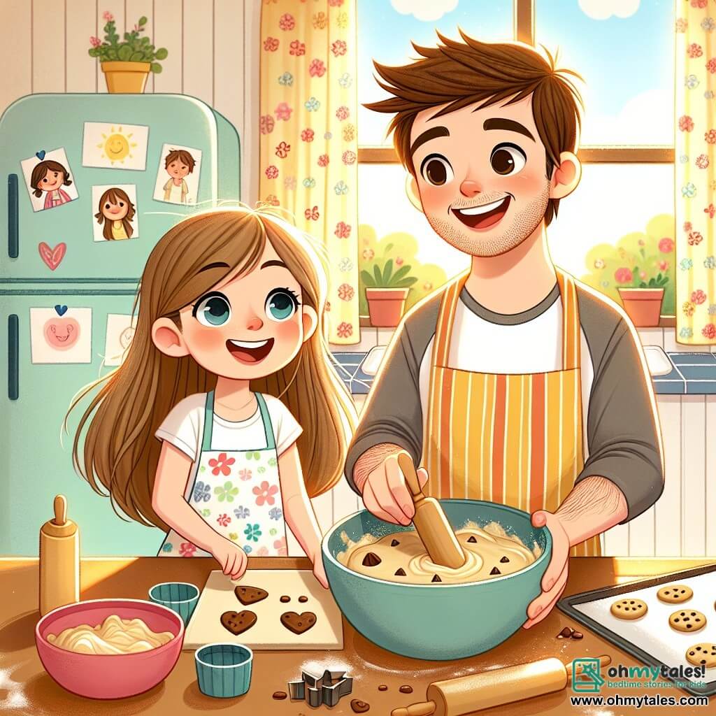 Illustration depicting a warm scene in a bright and welcoming kitchen. The walls are painted pastel yellow, and floral-patterned curtains let in sunlight. On the table, a large bowl filled with cookie dough and heart-shaped cookie cutters are scattered around. 

In the center, an 8-year-old girl with long blonde hair and sparkling eyes joyfully smiles while holding a heart-shaped cookie cutter. Next to her, a man in his 30s with brown hair and a light beard laughs as he adds chocolate chips to the dough. They both wear colorful aprons, and the atmosphere is filled with laughter and camaraderie.

The main situation shows the duo preparing cookies together, symbolizing their family bond and shared happiness despite changes in their lives. In the background, children's drawings decorate the refrigerator, and an open window reveals a blooming garden, adding a touch of sweetness and warmth to the illustration.