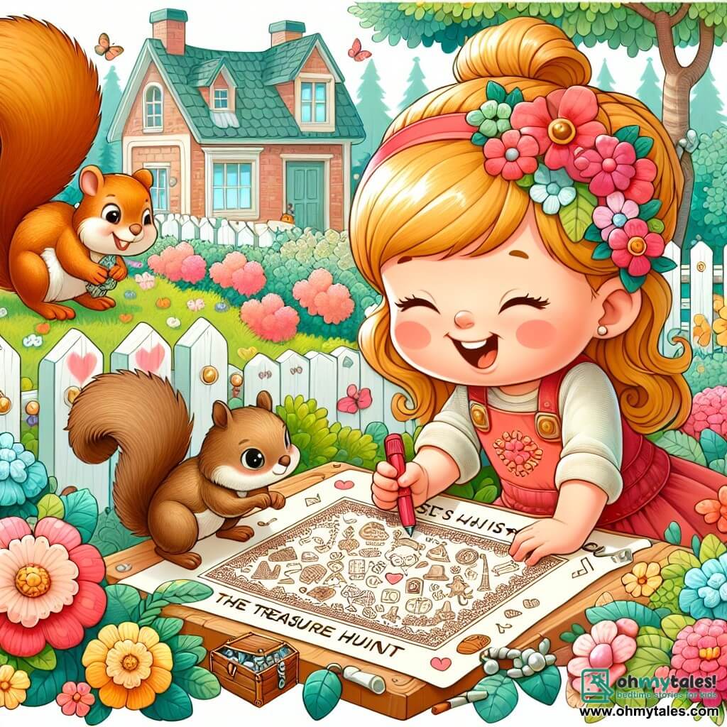 Une illustration destinée aux enfants représentant une petite fille pleine de vie créant une chasse au trésor pour son père, avec l'aide d'un écureuil malicieux, dans le charmant jardin fleuri de leur maison à Sunnyvale.