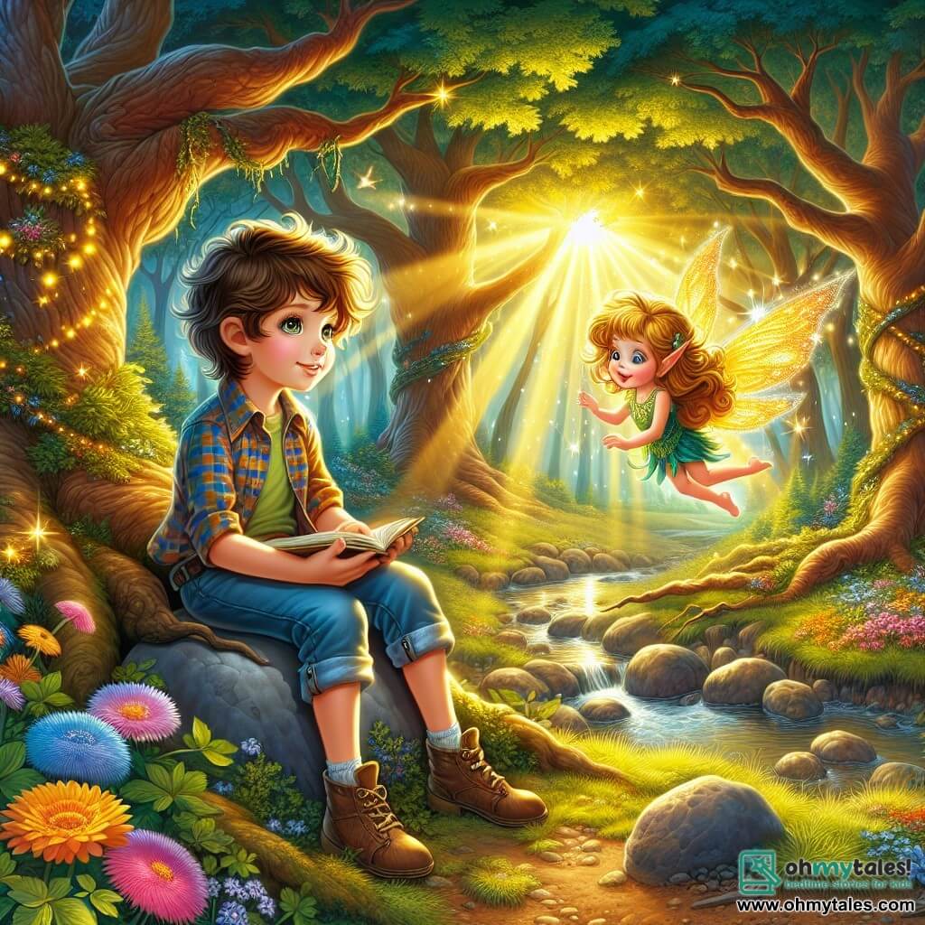 An illustration depicts an enchanted clearing in the heart of the forest, bathed in the golden light of the setting sun. Majestic trees with gnarled trunks and vibrant green leaves create a natural canopy, while a gentle stream winds through the ground covered in colorful flowers and moss. In the center, a 9-year-old boy with tousled brown hair and sparkling curious eyes sits on a smooth stone, a look of wonder on his face. He wears a checkered shirt and denim shorts, holding a small notebook in his hands, ready to jot down his thoughts. Beside him, a tiny fairy-like creature, the size of a bird, with shimmering wings and golden hair, floats in the air. She has a friendly face and bright eyes, seemingly speaking to him enthusiastically, her wings fluttering with joy. The main scene shows the boy listening attentively to the creature, absorbed in her words, as glimmers of light dance around them, symbolizing the dreams and stories woven in the air. Forest animals, like a curious squirrel and a wise owl, watch from a distance, adding a touch of magic to this unforgettable encounter.