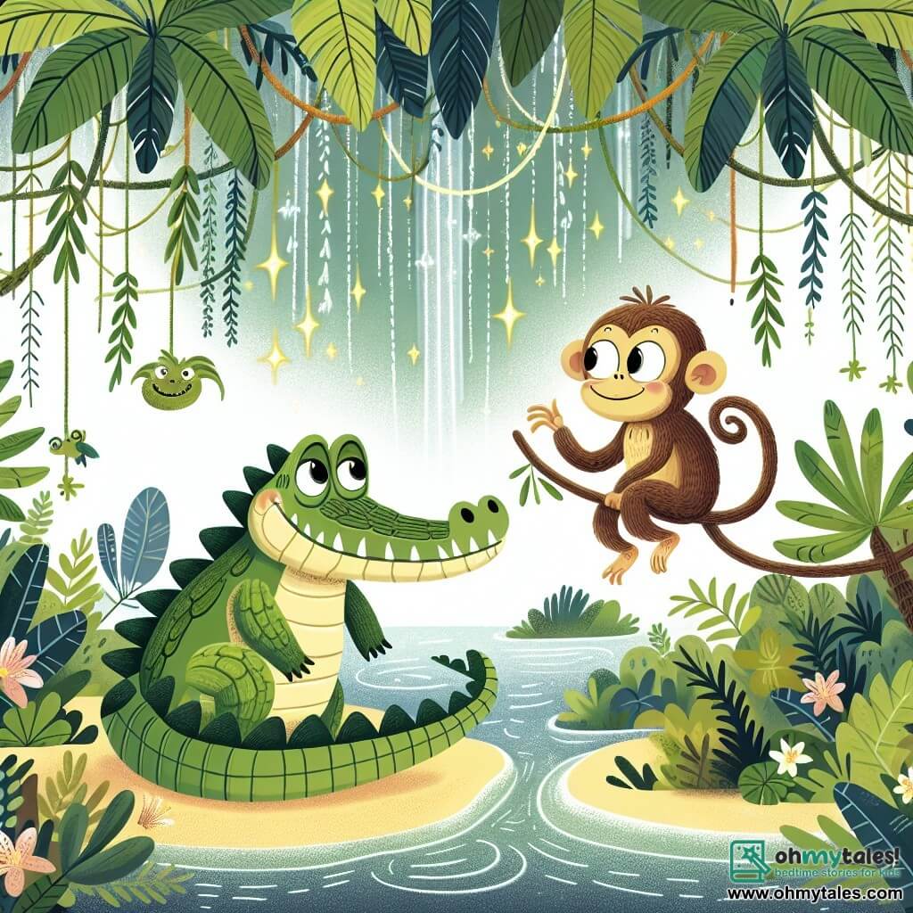 Une illustration destinée aux enfants représentant un crocodile malicieux planifiant une farce avec son ami singe, dans une jungle luxuriante remplie de palmiers, lianes et cascades scintillantes.